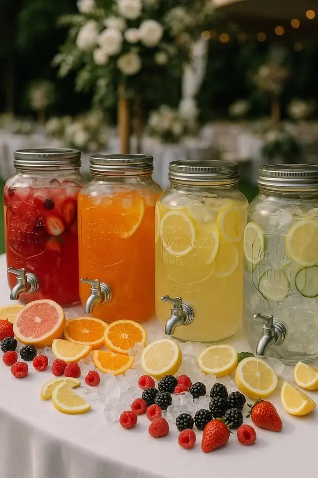 Borcane cu limonada si apa infuzata cu fructe, la un fruit bar de eveniment