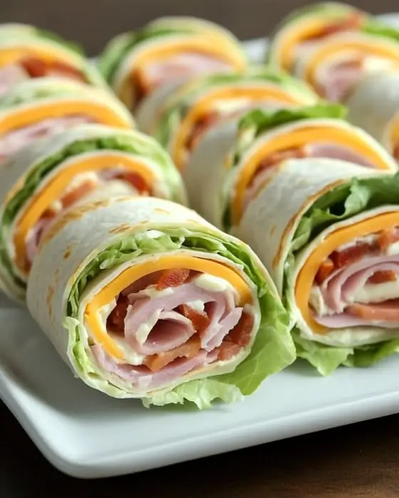 Rulouri wrap cu sunca, cascaval si salata, feliate pe platou alb